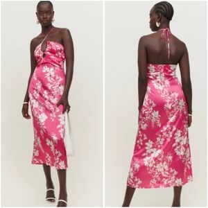 NWT Reformation Antoni 100% Silk Midi Halter Dress in Hothouse Pink Whit…